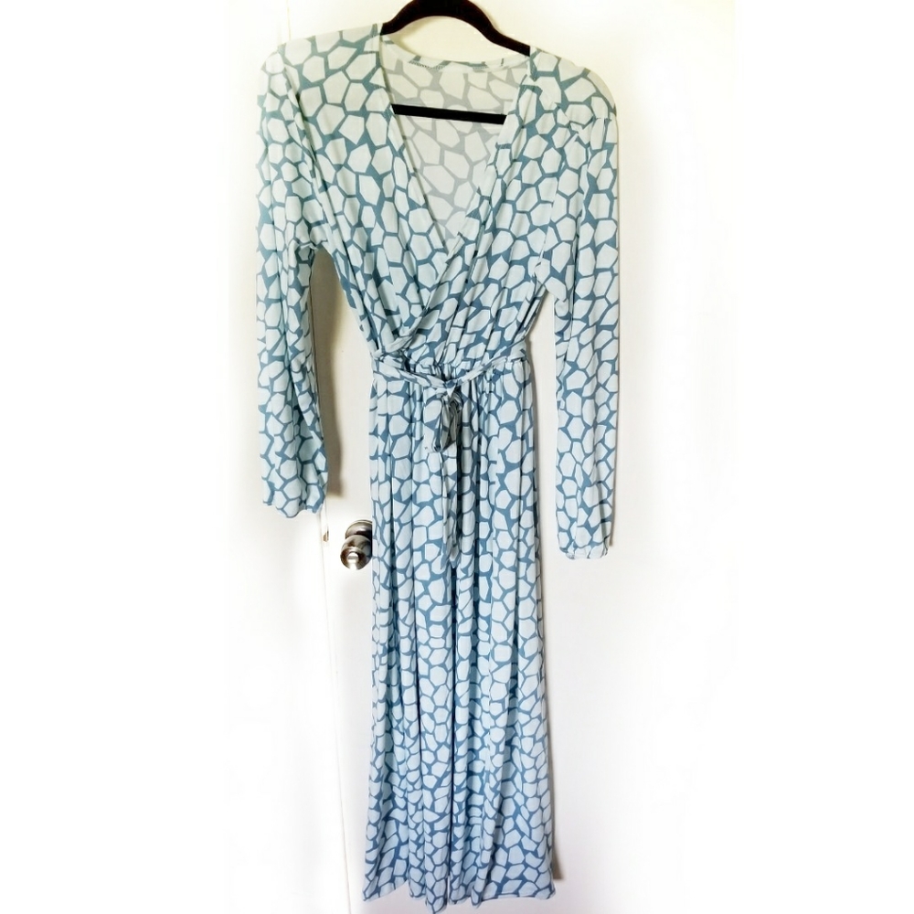 Faux Wrap Dress Pale Blue and Teal XL